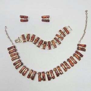 Vintage Coro Thermoset Parure Necklace Bracelet Earrings Copper Confetti *READ*